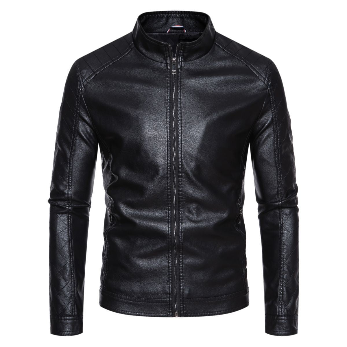 Street-wave Mens Leather Jacket With Stand Collar And Quilted Details Premium Urban Style For Modern Men