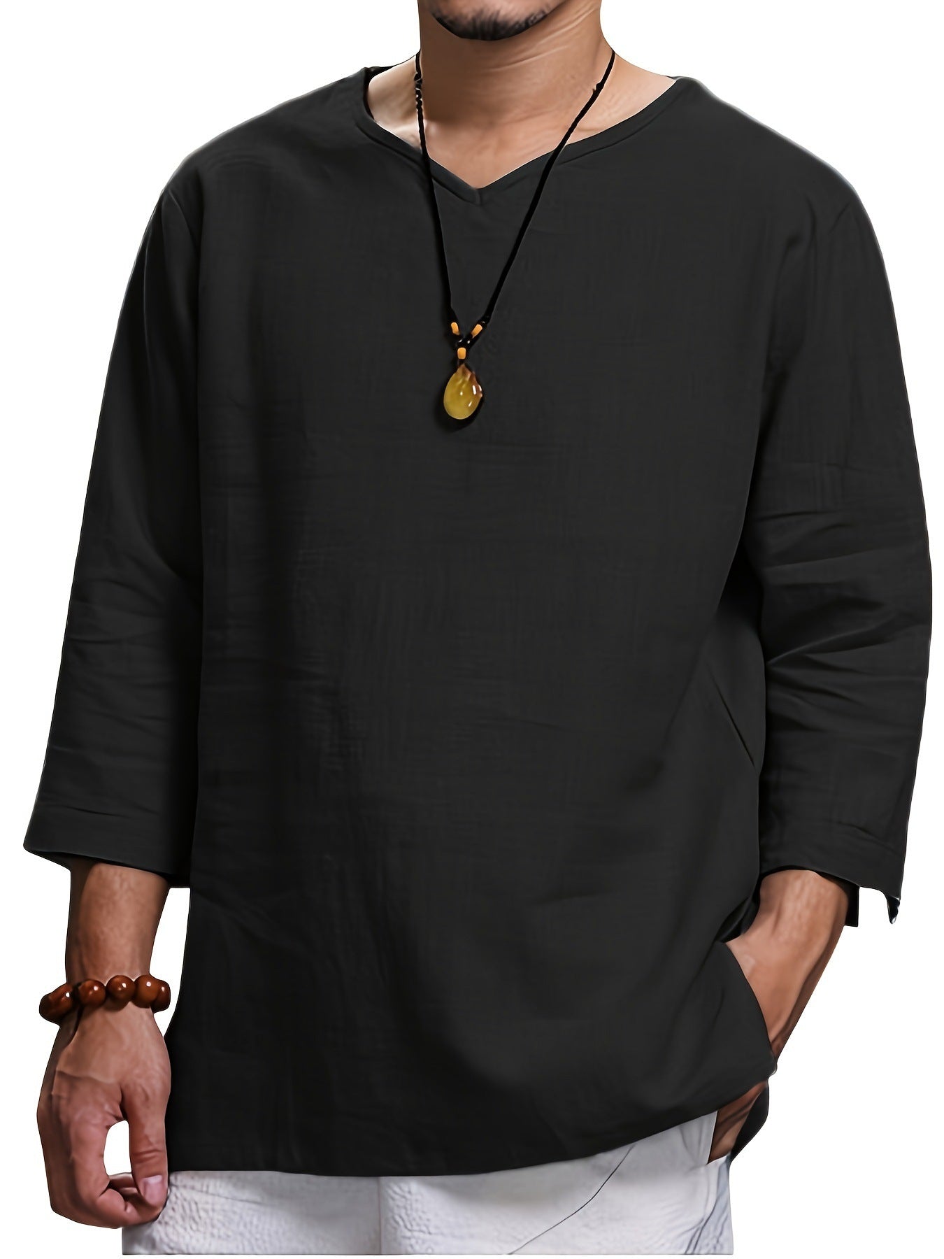 Street Wave Men's Casual V Neck Long Sleeve Shirt With Side Pockets Breathable Fabric