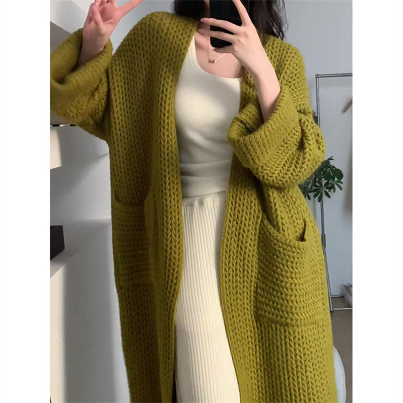 Street-wave Women's Long Knit Cardigan With Practical Pockets And Cable Knit For Cozy Everyday Wear