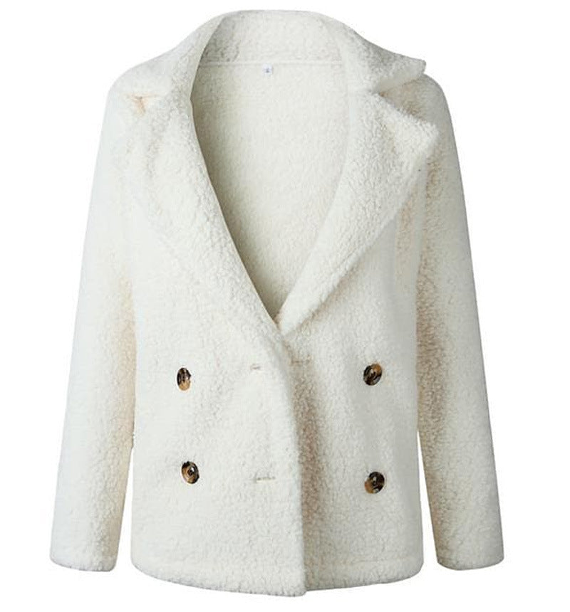 Street-Wave Womens Plush Faux Fur Double-Breasted Blazer Cozy Teddy Texture For Warm Chic Style