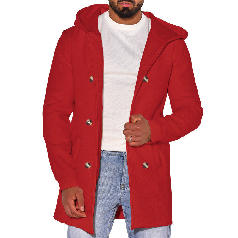 Street-Wave Mens Fashion Coat With Removable Hood And Double Button Placket For Stylish Outdoors