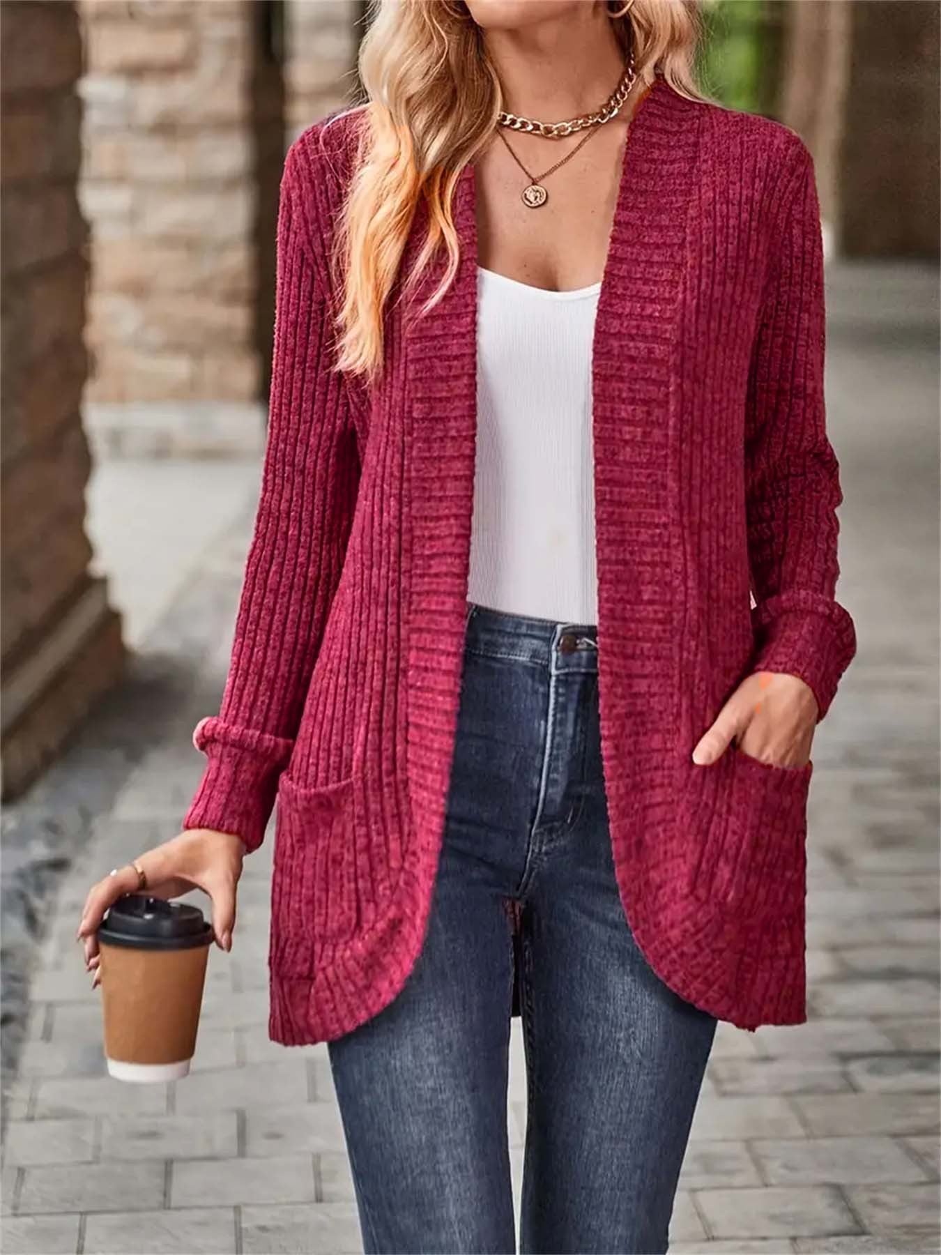 Street-Wave Women Open Front Knit Cardigan With Structured Texture And Pockets All Day Comfort