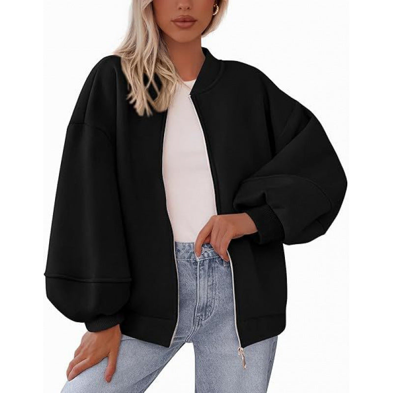 Streetwave Women Oversized Bomber Jacket With Zipper And Balloon Sleeves Casual Comfort