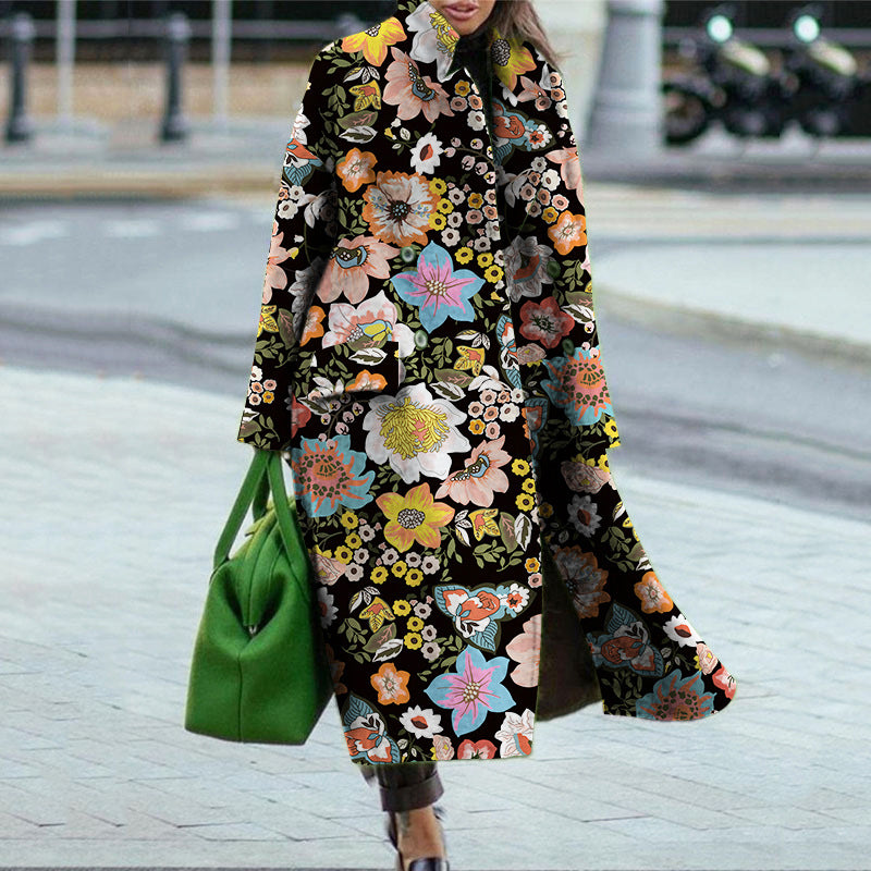 Street Wave Women Floral Print Maxi Coat With Elegant Notched Collar And Flowing Hem