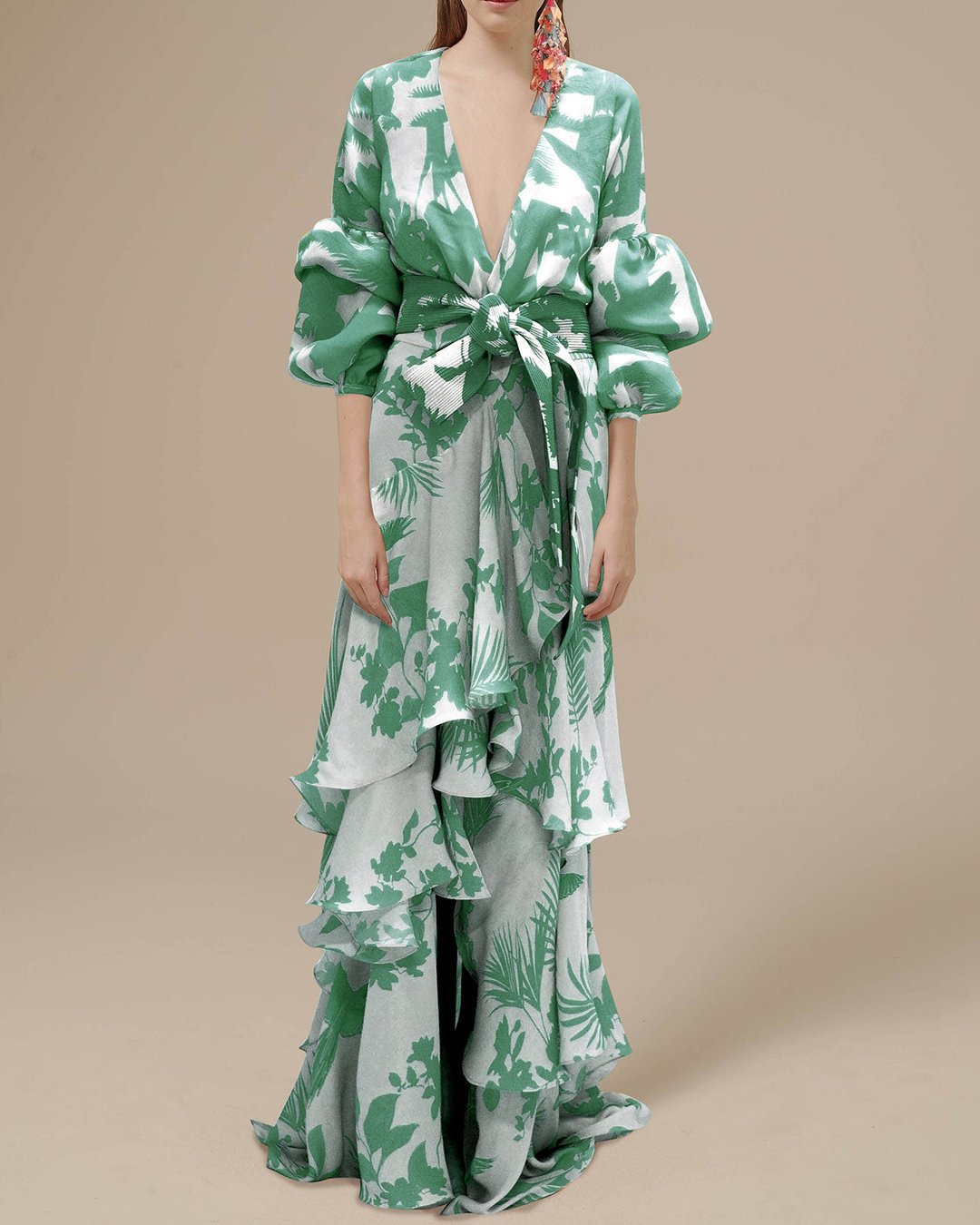 Women’s Maxi Dress – Chiffon – Printed – Ruffle Skirt – Puff Sleeves – V-Neck – Belted