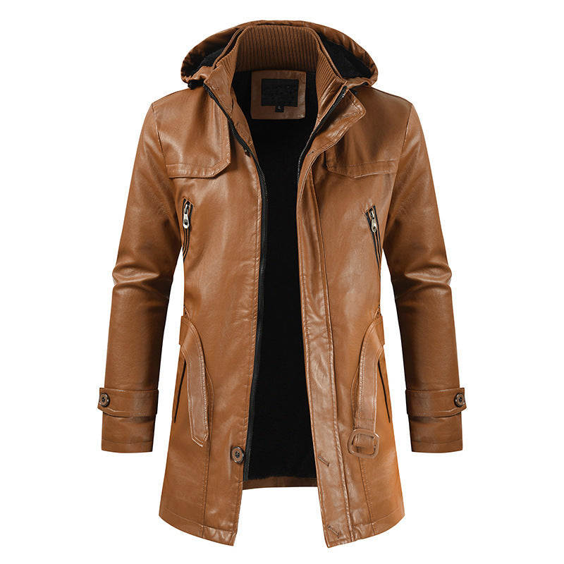 Street-wave Men's Hooded Leather Jacket Durable Style For Men With Zip Pockets Weatherproof Exterior