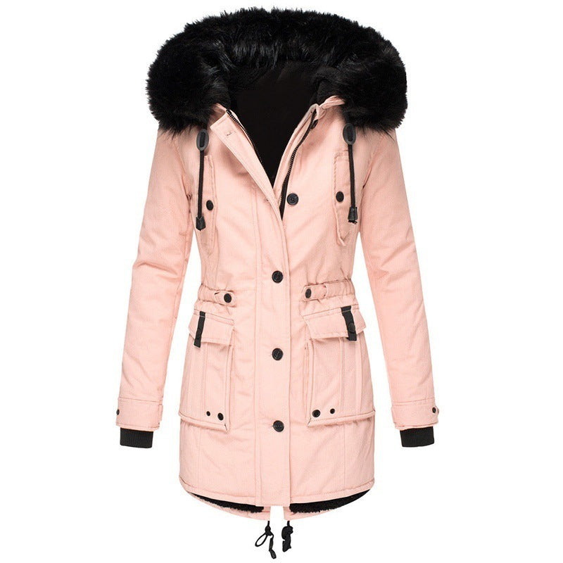 Street-Wave Long Winter Coat For Women With Fur Trim Hood And Button Closure For Cold Weather