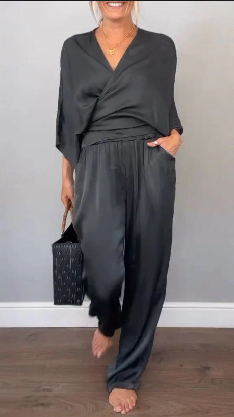 Street Wave Elegant Women Two Piece Satin Set For Office Or Evening Wear Versatile Chic Comfort