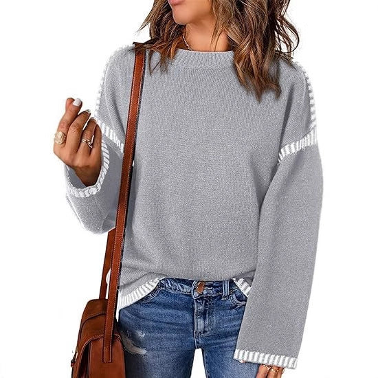 Street-Wave Womens Knit Pullover With Structured Knit And Striped Sleeve Details