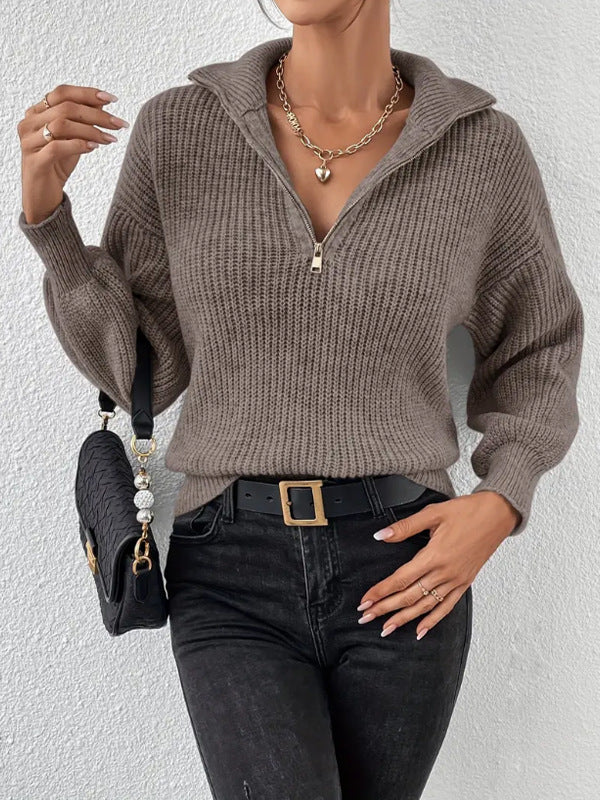 Street-Wave Women High Neck Zip Sweater Cozy Breathable Knit Pullover For Everyday Style