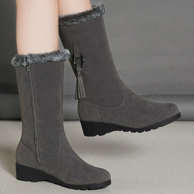 Street-Wave Suede-Look Mid-Calf Boots With Tassel Detail And Cozy Low Wedge Heel For Women