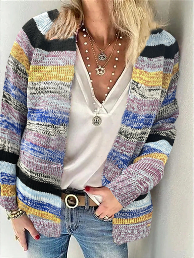 Street-wave Open Knit Cardigan For Women With Colorful Stripes Casual Fit Lightweight Versatile Spring Fall Essential