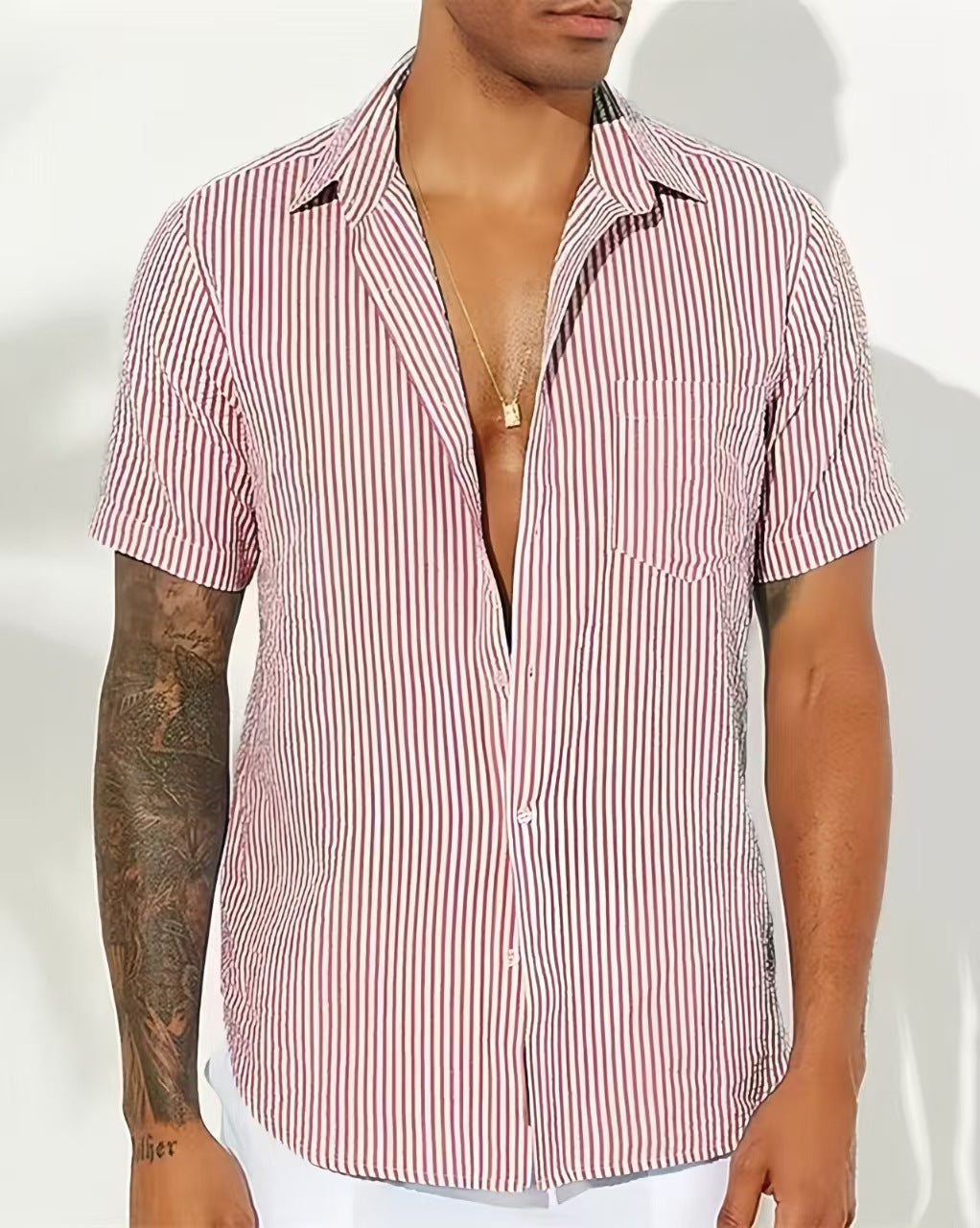 Street-Wave Men's Short Sleeve Striped Button-Up Shirt Relaxed Fit Cotton Blend