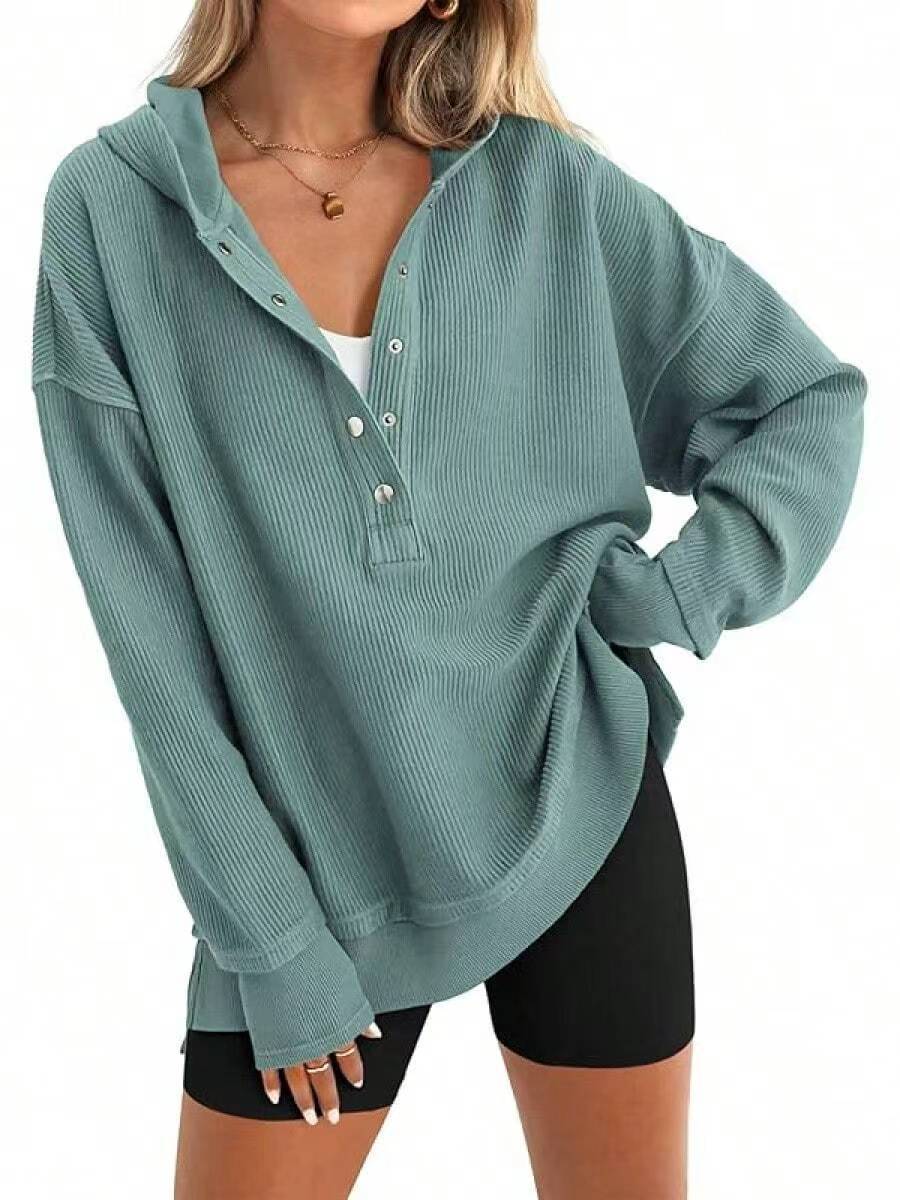 Street-Wave Women's Ribbed Hoodie With Button Placket, Drop Shoulders, And Relaxed Fit For Casual All Day Comfort