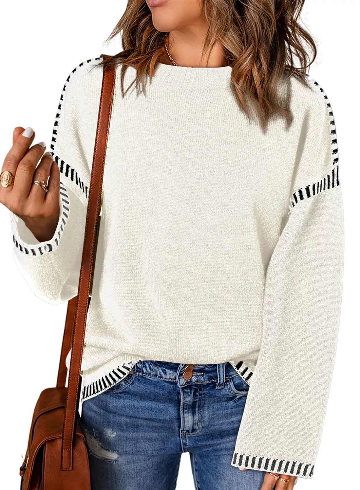 Street-Wave Loose Fit Cable Knit Crewneck Sweater Long Sleeve With Stripe Trim For Women