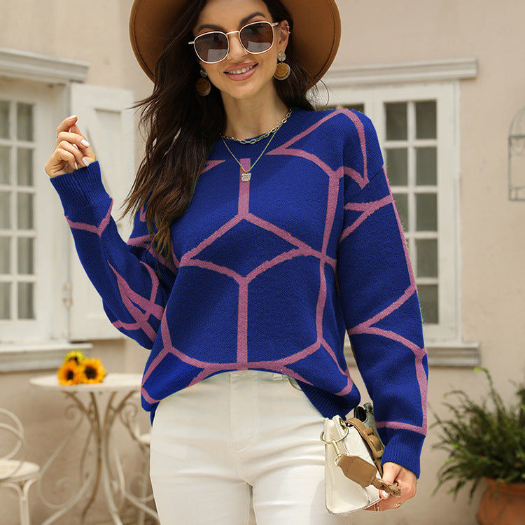 Street-Wave Women's Geometric Knit Sweater Soft Breathable Knit Relaxed Fit Effortless Layering