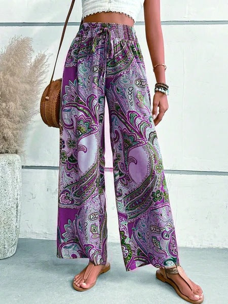 Street-Wave Women Wide-Leg Paisley Print Pants Elastic Waist for Summer Comfort and Everyday Style