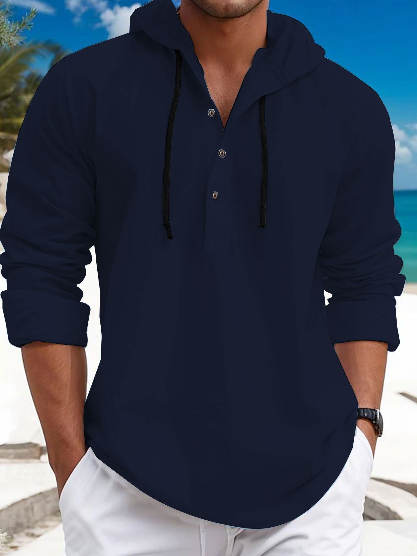 Street-Wave Men's Breathable Hooded Pullover With Button Placket For Casual Beachwear