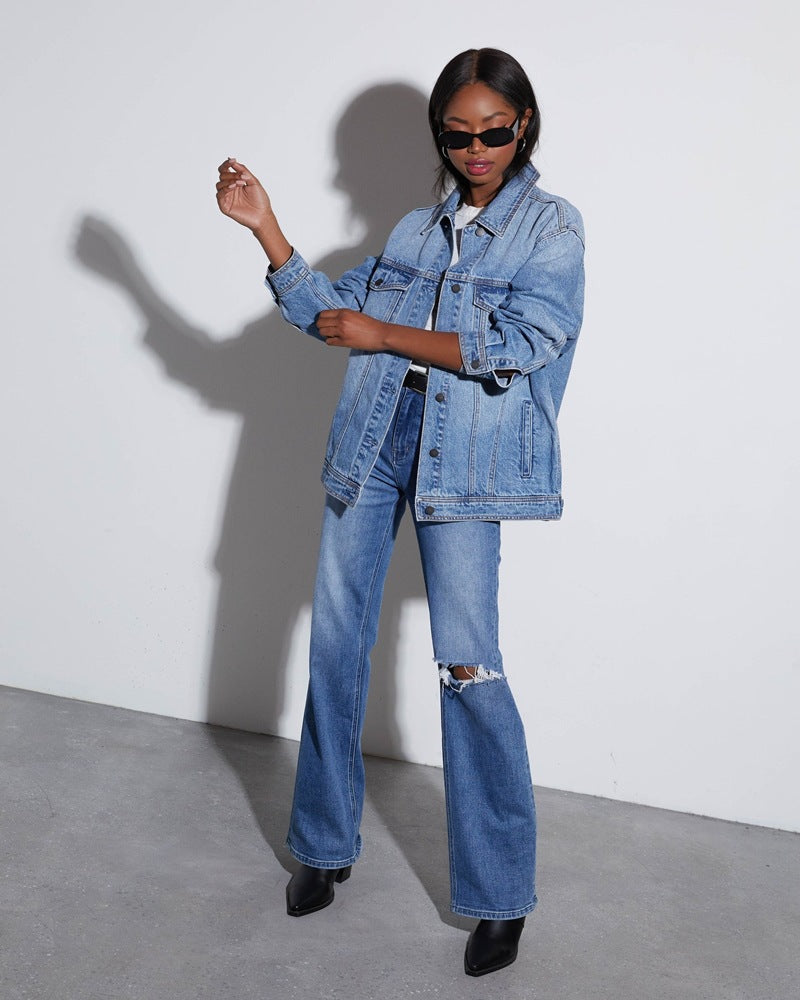 Street-wave Women's Oversized Denim Jacket for Casual Streetwear Look and Everyday Versatility