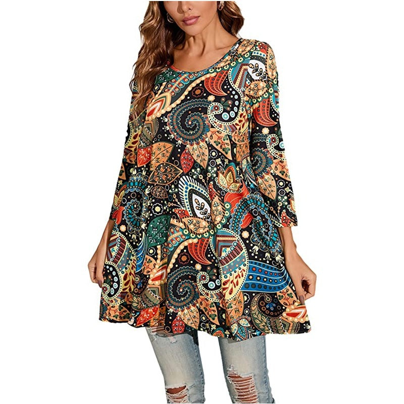 Street Wave Mandala Print Tunic For Women Comfortable Boho Everyday Top With Unique Mandala Design