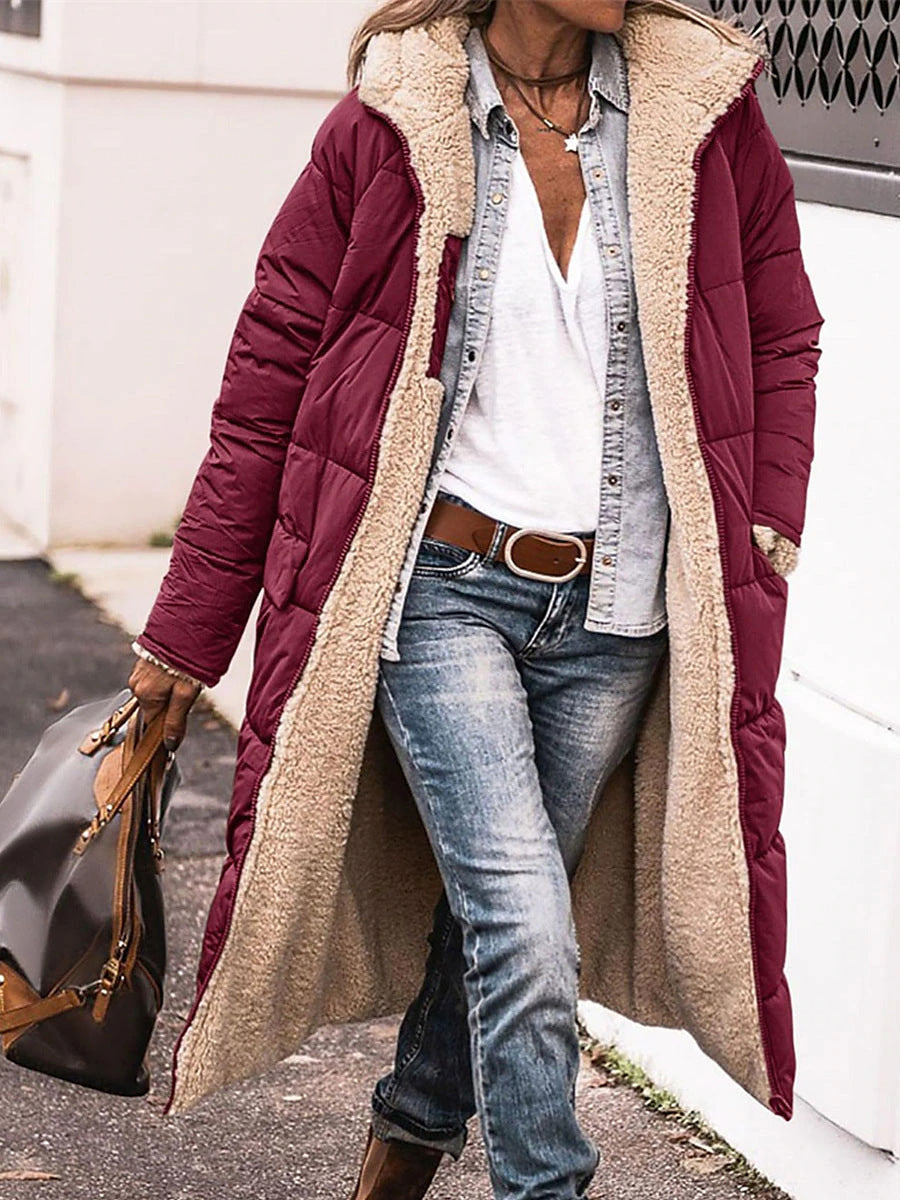 Street-wave Women Long Puffer Jacket With Cozy Fleece Lining Hooded Insulated Comfort Winter Coat
