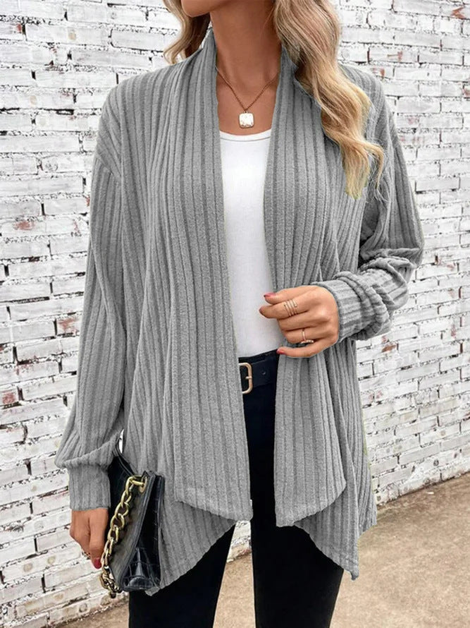 Ribbed Knit Cardigan Street-wave Womens Cozy Casual Comfort With Prominent Rib Design