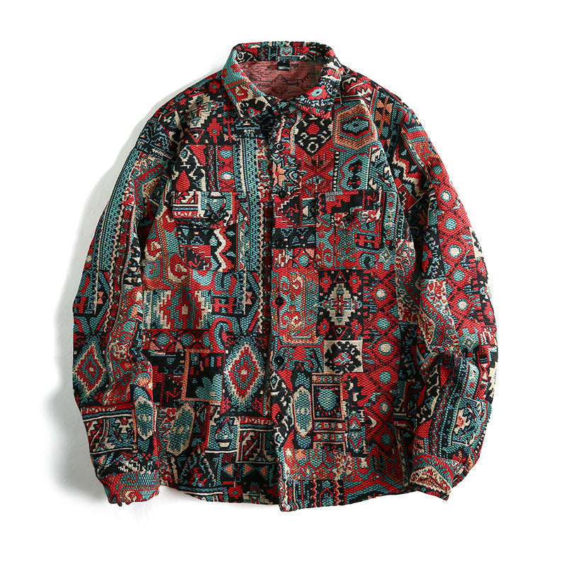 Street-Wave Womens Plaid Shirt Jacket Geometric Aztec Print Cozy Casual Layering Piece