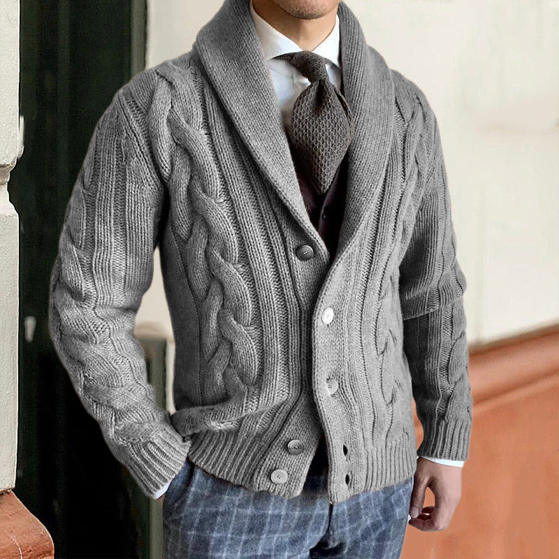 Street-Wave Mens Cable Knit Cardigan With Modern Collar For Warm Transitional Weather