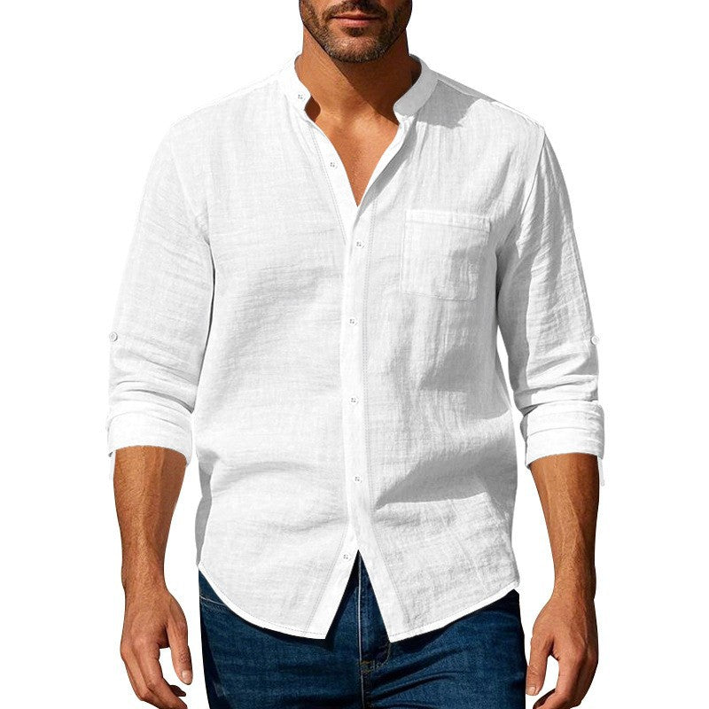 Street-Wave Men Linen Shirt With Mandarin Collar And Chest Pocket Breathable Everyday Comfort