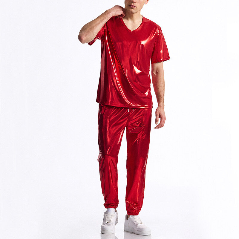Street-Wave Men's Premium Shiny Metallic Sports Set With V-Neck Tee And Elastic Waistband