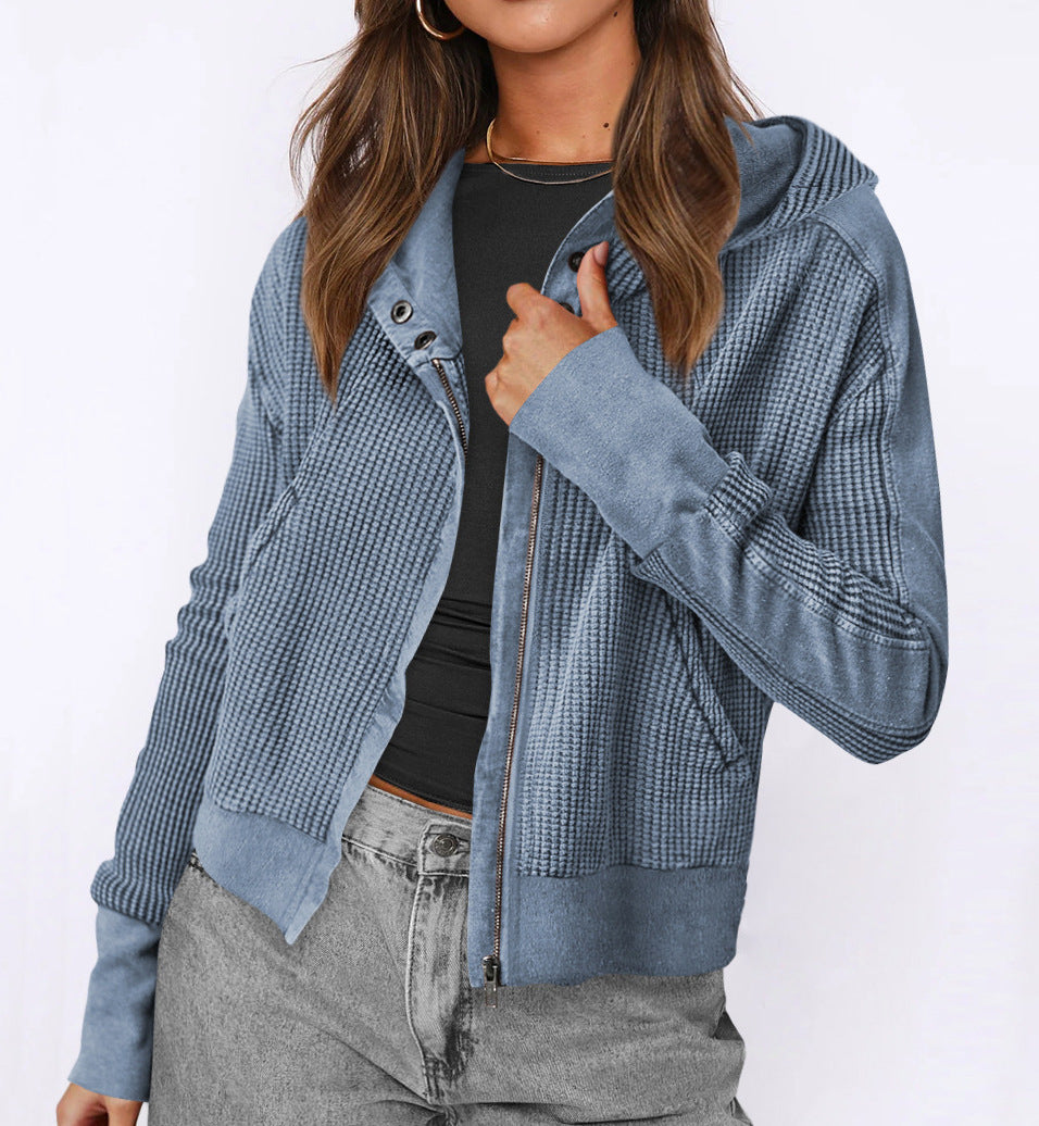 Street-wave Women's Textured Knit Zip Hoodie Jacket With Hood Cozy Structured Everyday Wear