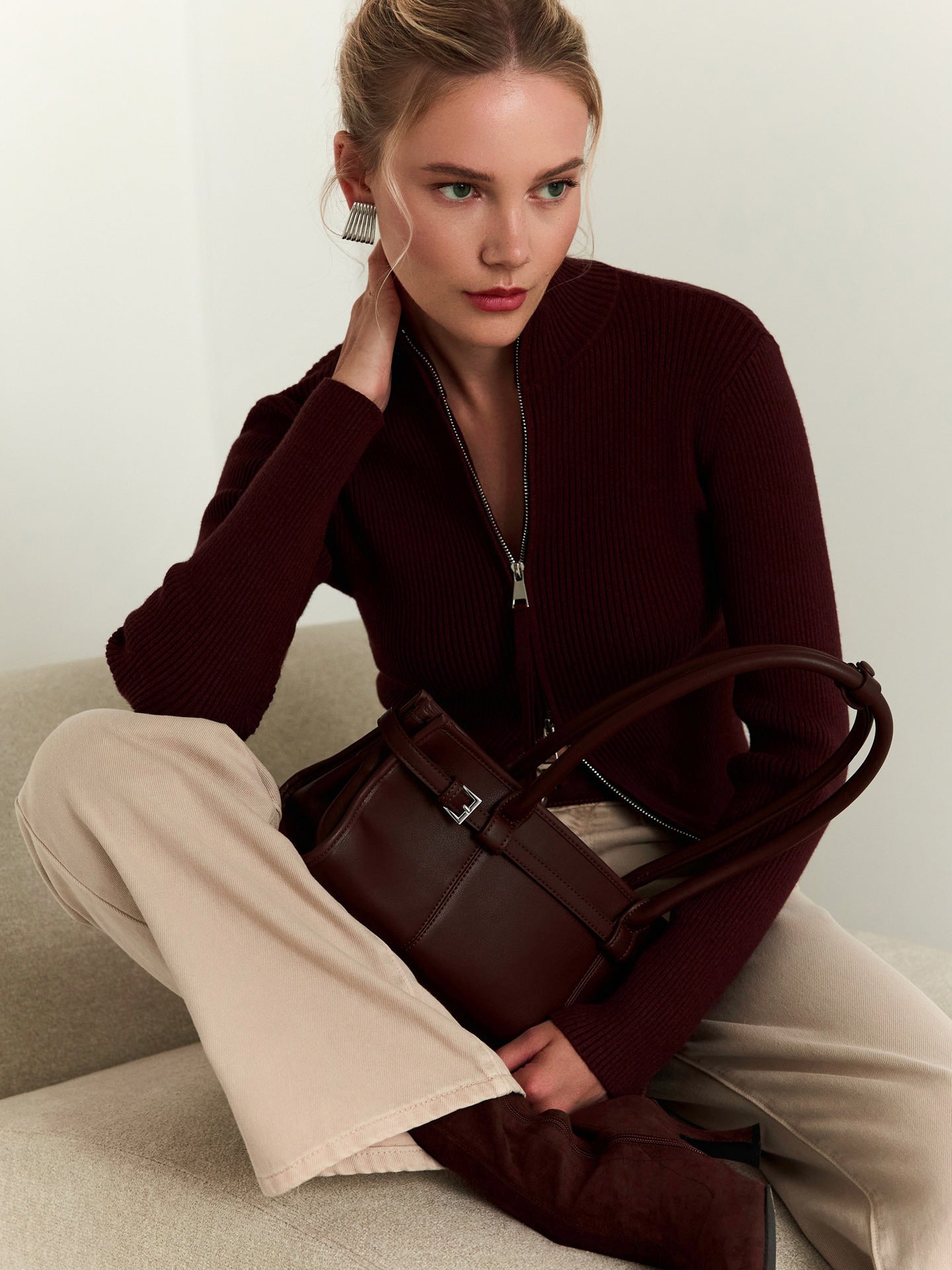 Street Wave Womens Zip Front Ribbed Knit Sweater With High Collar For Modern Office And Casual Wear