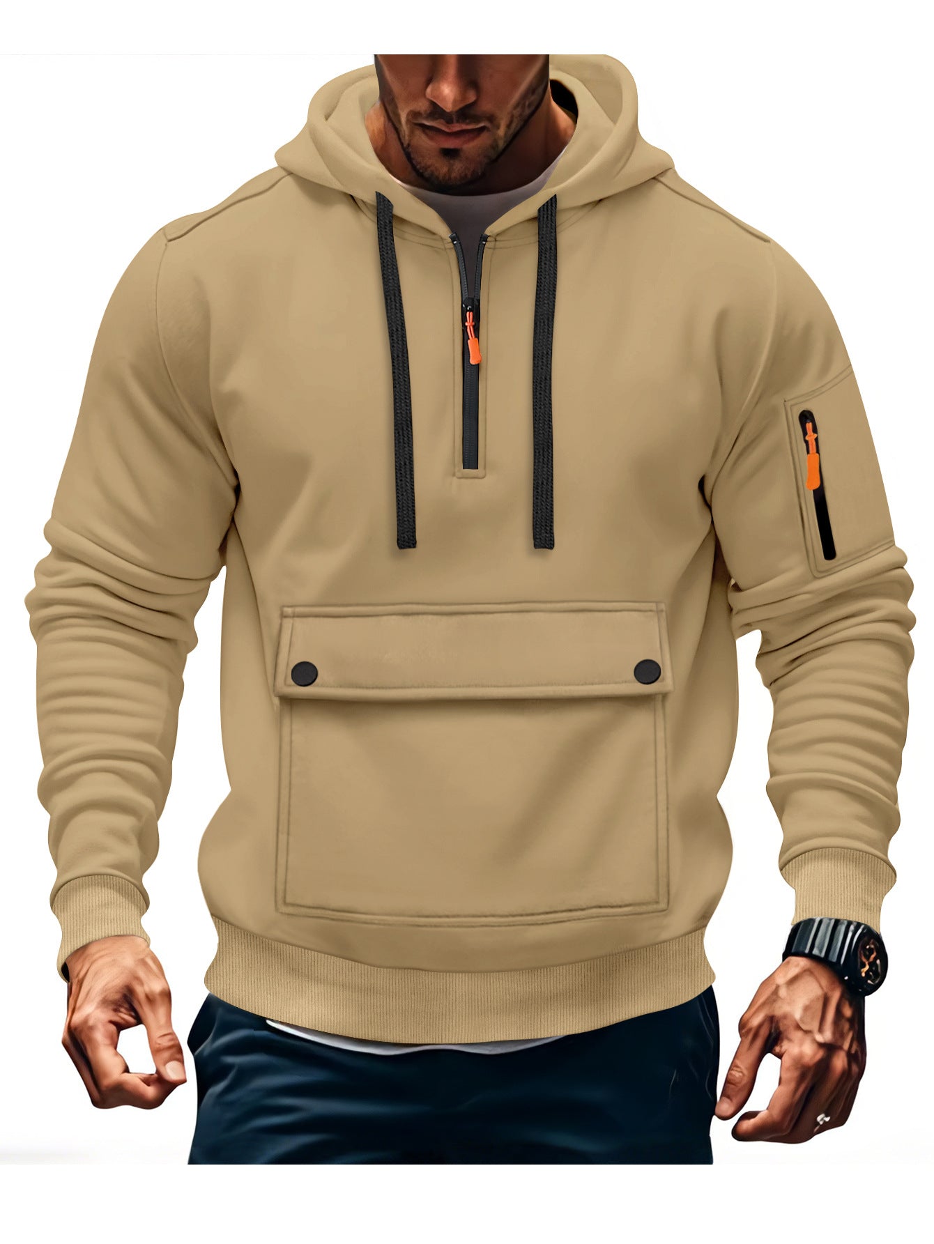 Street-wave Men's Casual Hoodie With Front Kangaroo Pocket And Sleeve Zip Pocket Performance