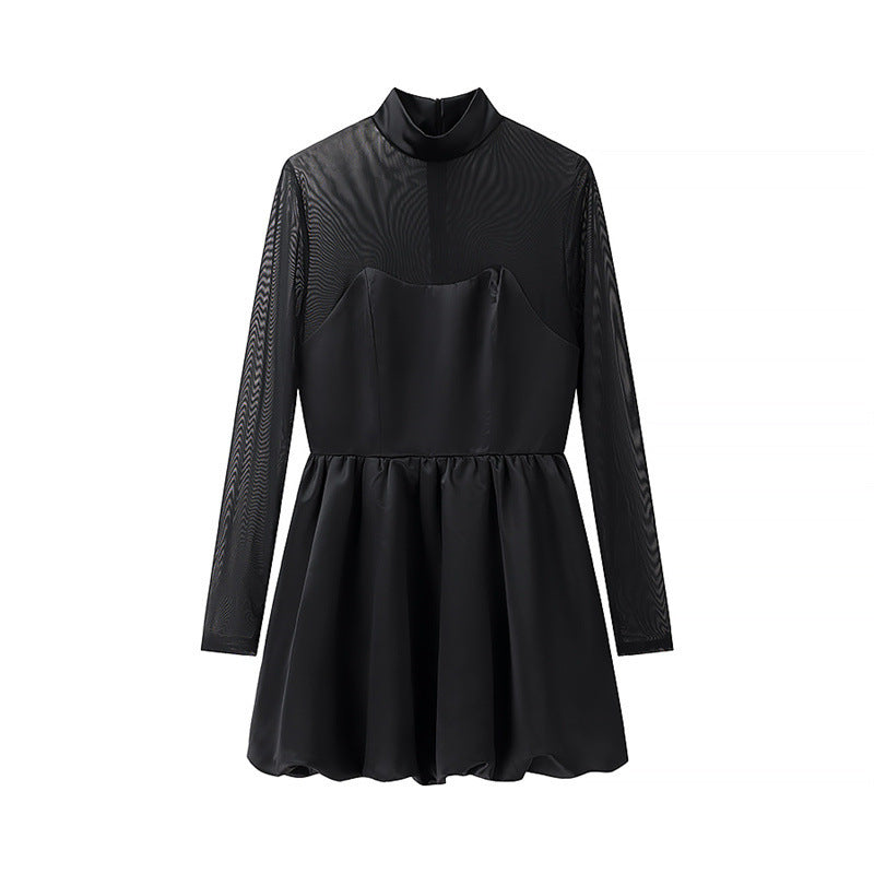 Mini Dress Black Sheer Sleeves High Neck Street Wave Women
