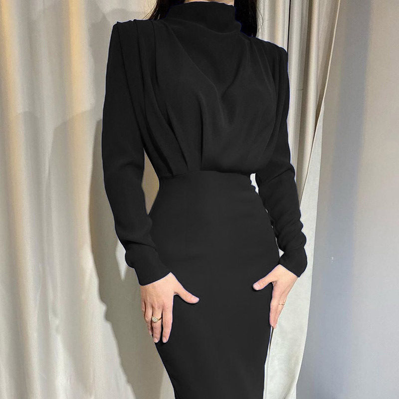Street-wave Women's Bodycon Dress With Elegant Stand Collar And Ruched Detail For Evening Events