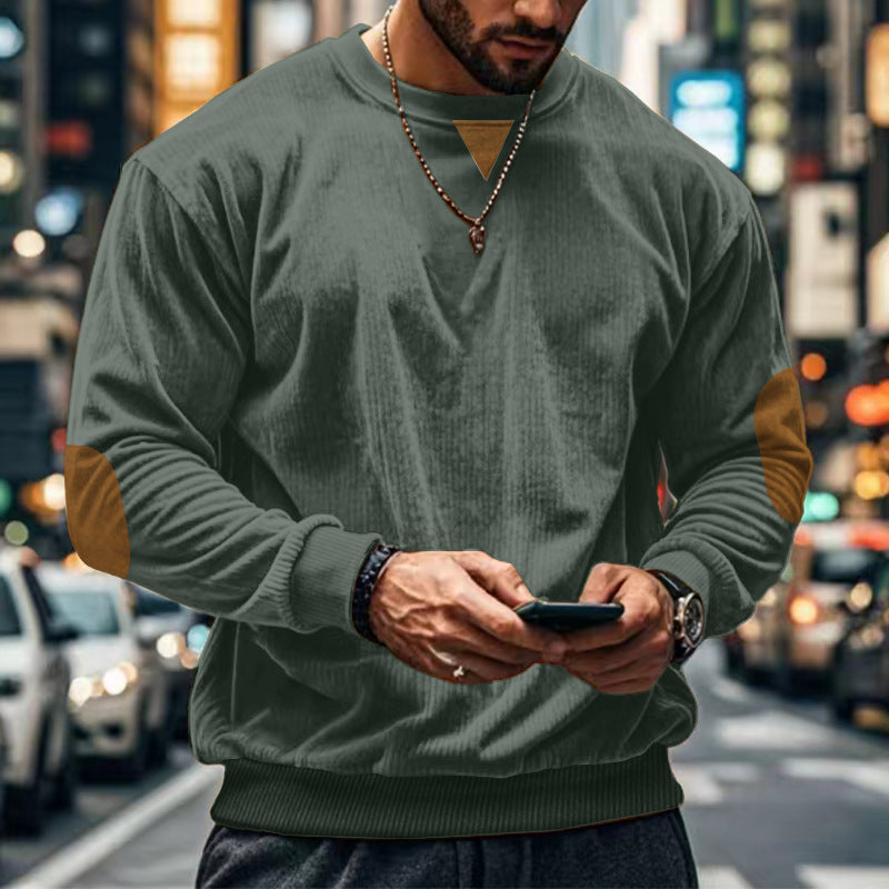 Street-wave Men's Cozy Crewneck Sweater With Elbow Patches For Modern Urban Style And Comfort
