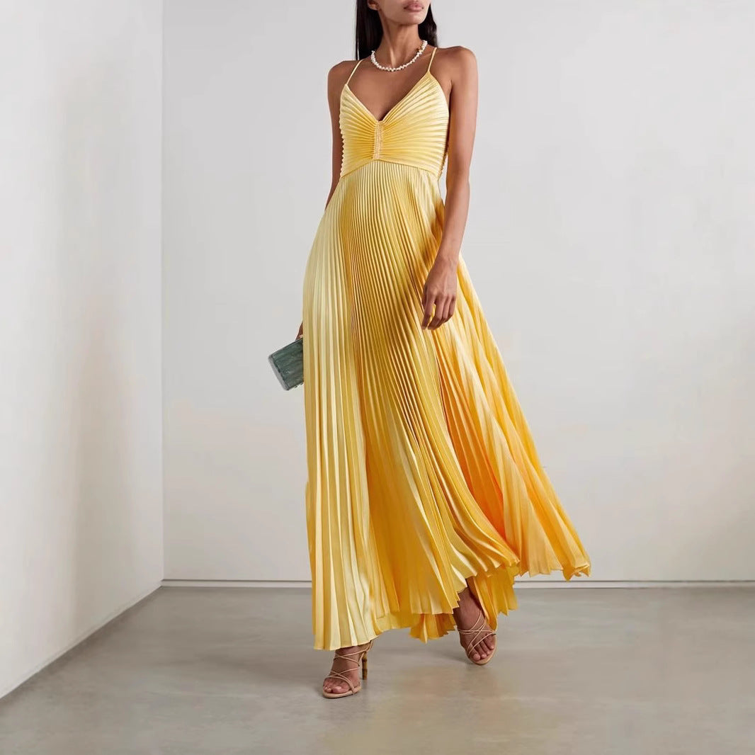 Street Wave Maxi Dress V Neck Pleated Chiffon For Women