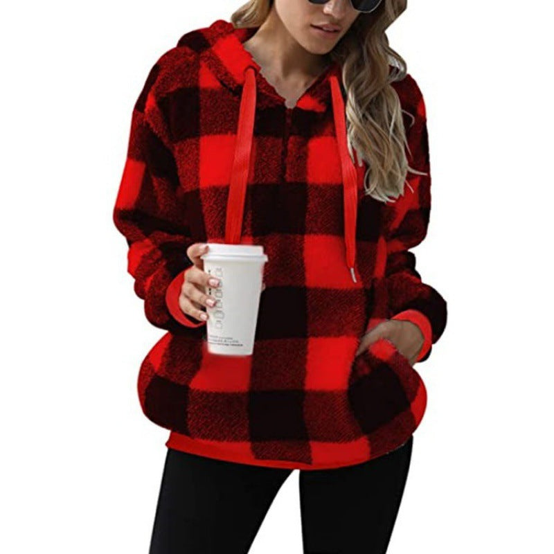 Street-wave Cozy Fleece Hoodie for Women Pink Plaid Warmth and Soft Comfort Everyday Wear