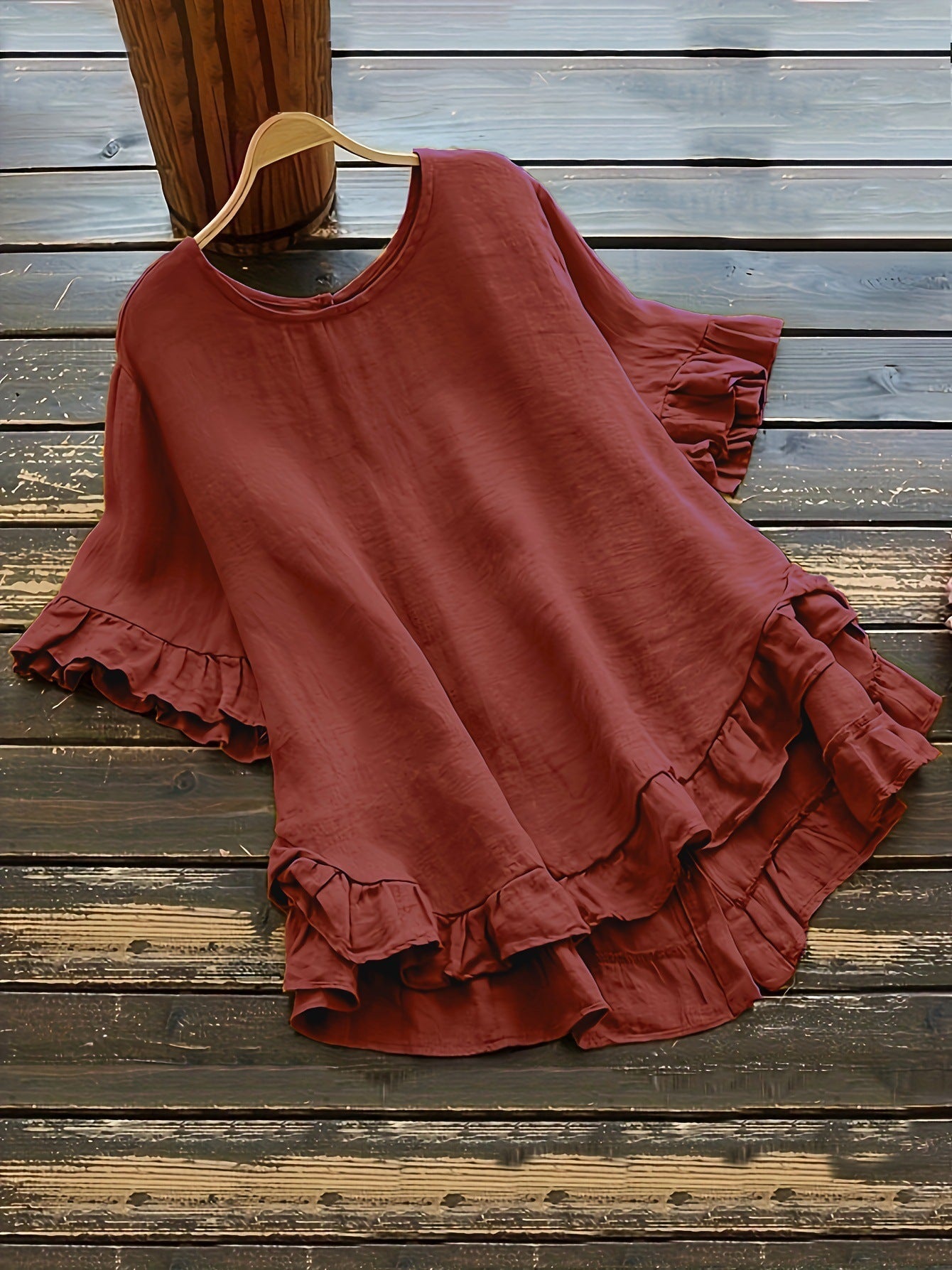 Street Wave Women's Ruffle Detail Loose Fit Top Breathable Cotton Blend Casual Everyday Shirt