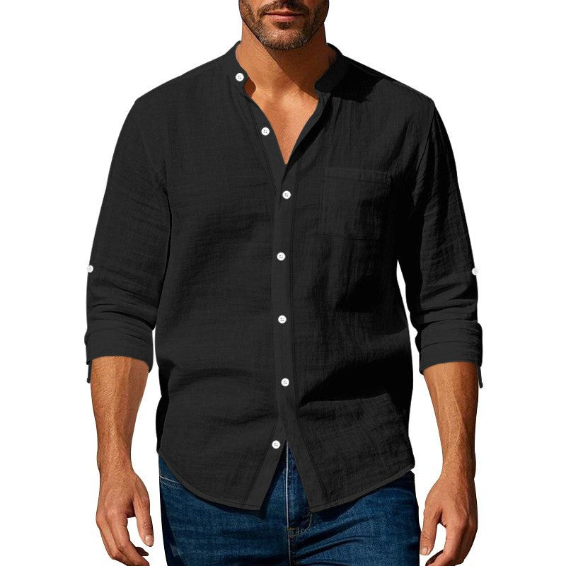 Street-Wave Men Linen Shirt With Mandarin Collar And Chest Pocket Breathable Everyday Comfort