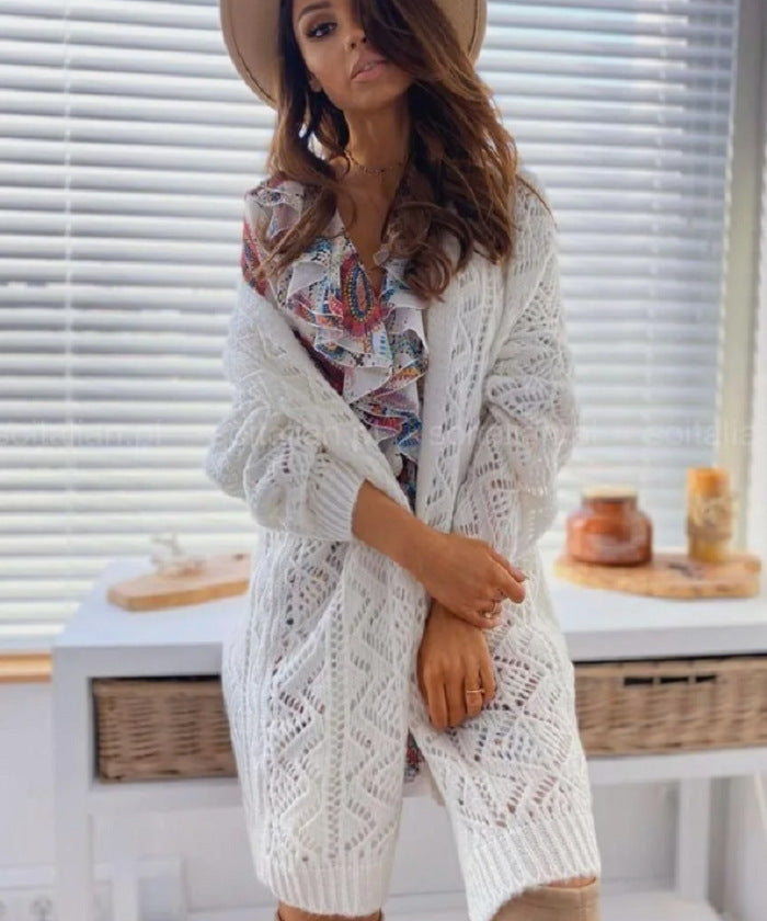 Street-wave Women's Oversized Knit Cardigan With Ajour Lace Pattern For Cozy Luxury And Everyday Wear