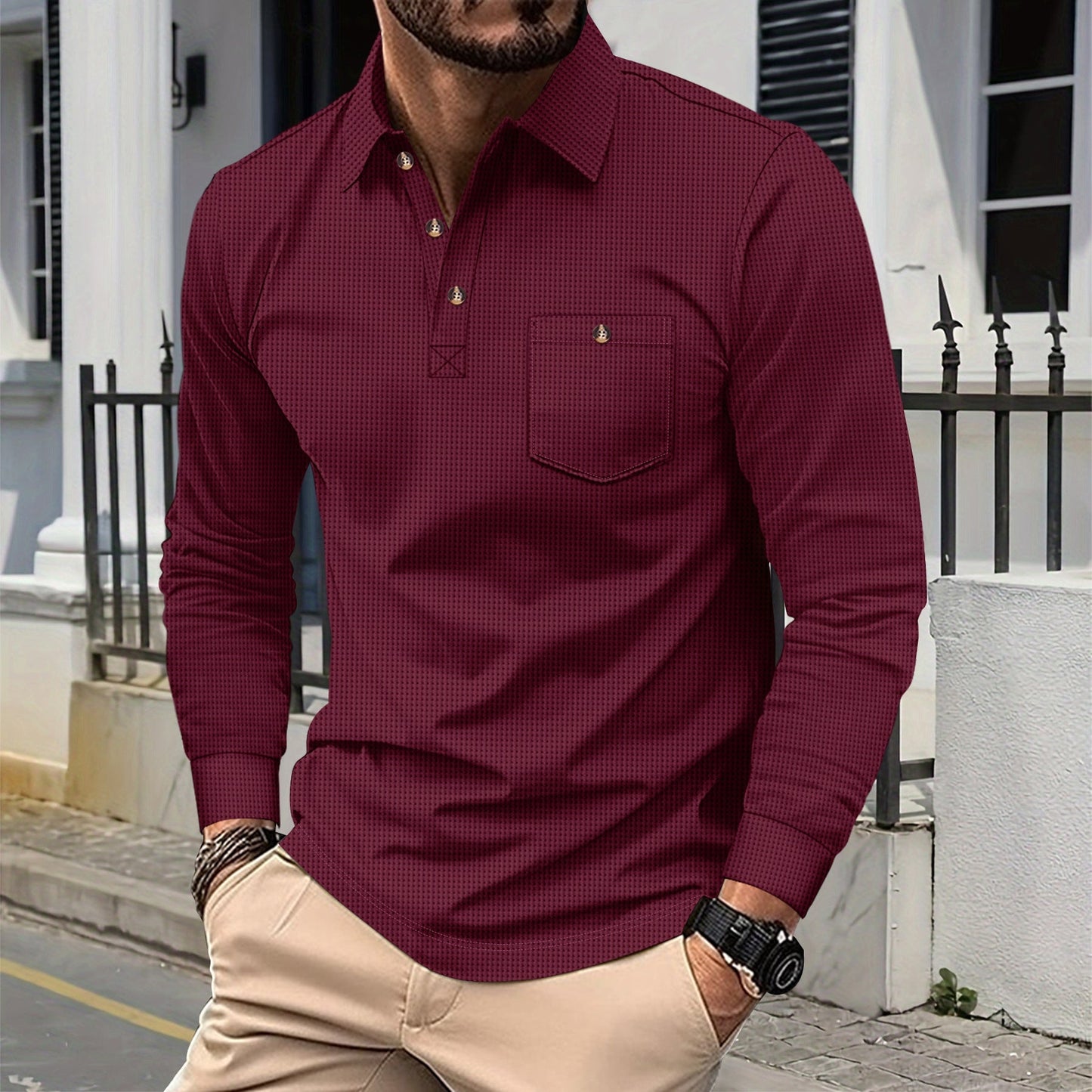 Street-Wave Mens Long Sleeve Polo Shirt Breathable Durable Fabric Versatile For Casual Or Formal Wear
