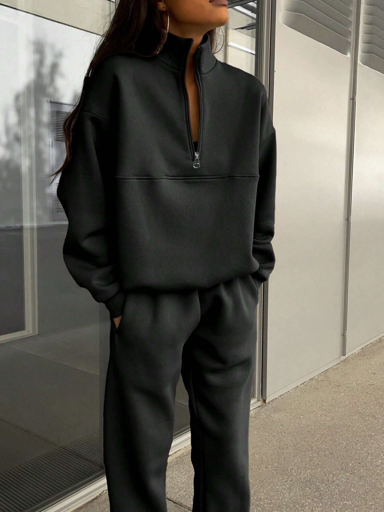 Street Wave Womens Cozy Polar Collar Zip Sweater And Matching Joggers Set For All Day Comfort