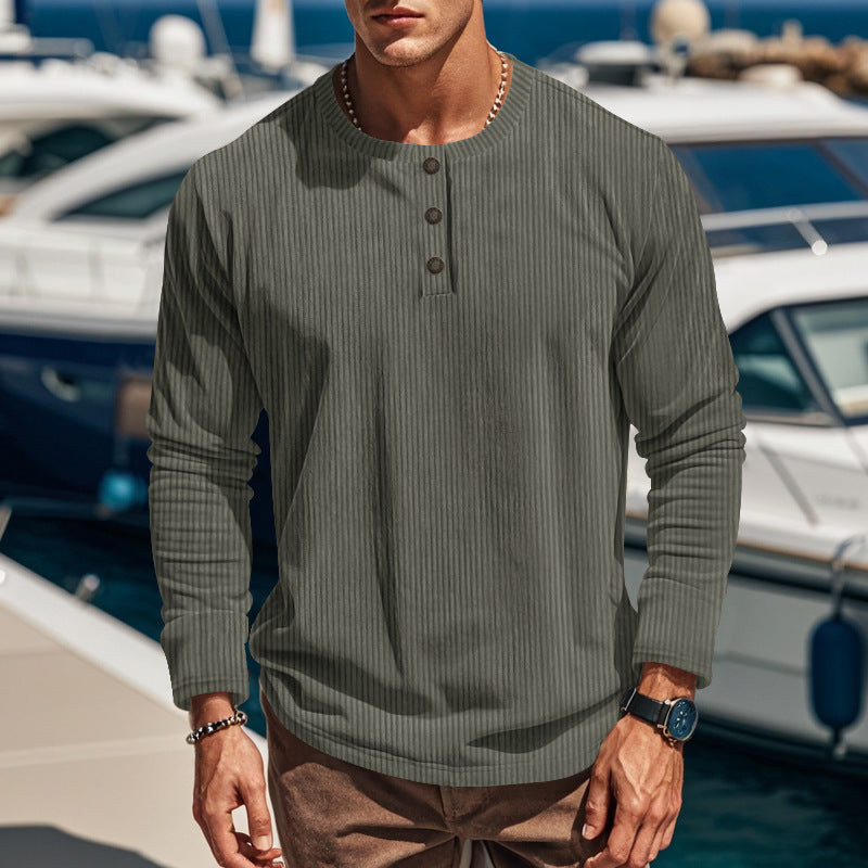 Streetwave Mens Long Sleeve Ribbed Knit Shirt With Button Placket For Daily Casuals