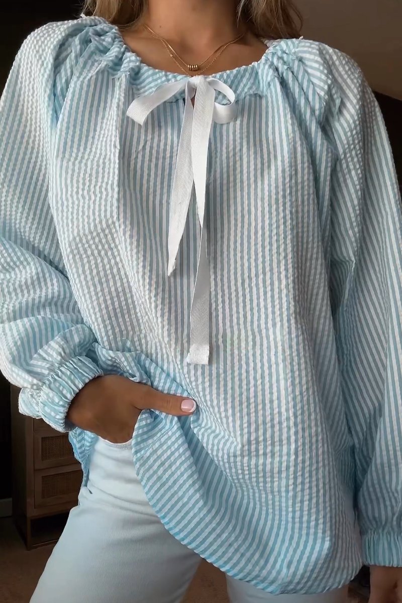 Streetwave Women Striped Elastic Neckline Blouse With Bow Tie For Elegant Everyday Comfort