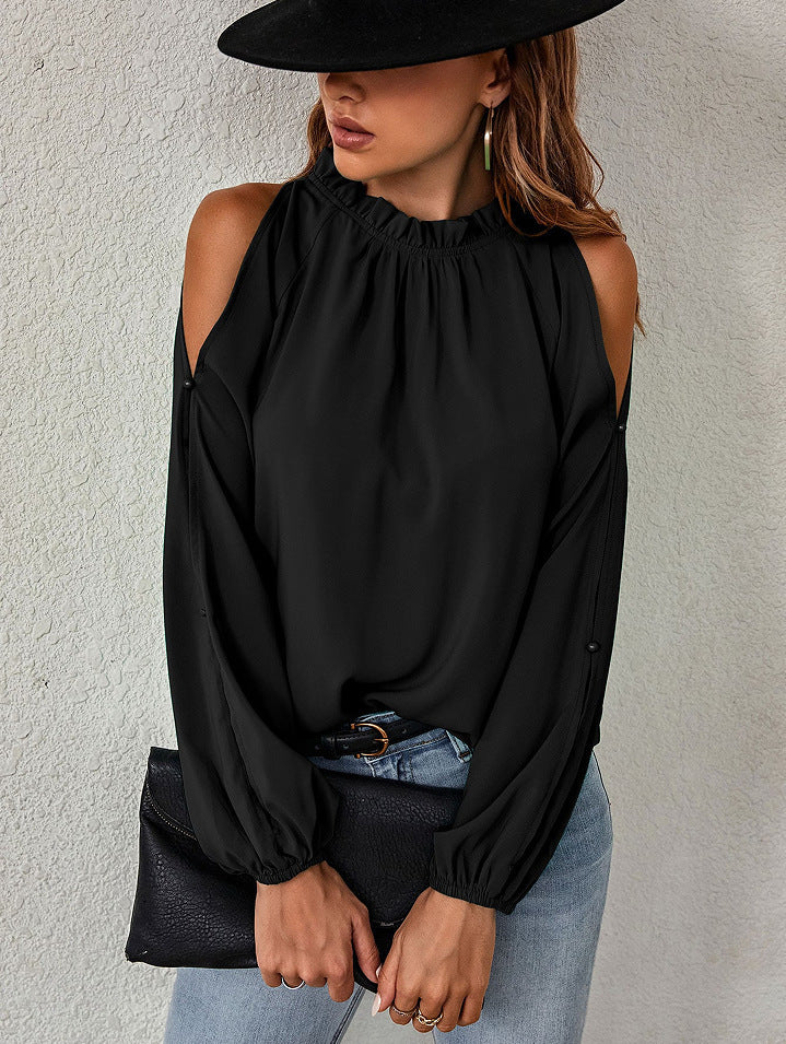 Womens Blouse Street-Wave With Cold Shoulder Details And Elastic Sleeves For Elegant Comfort