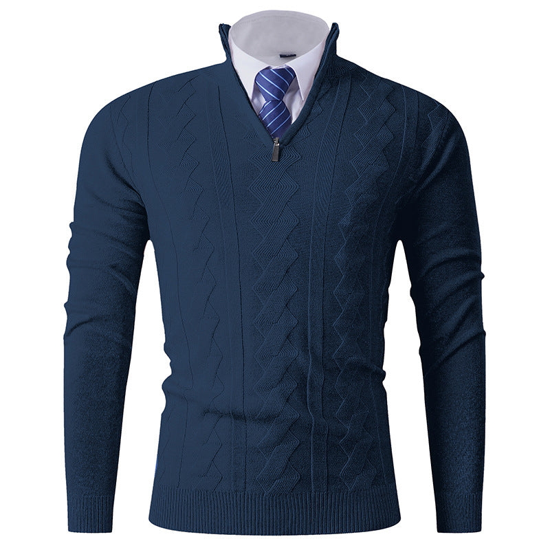 Street Wave Men's Premium Elegant Stand Collar Knit Sweater With Textured Zipper For Everyday Wear