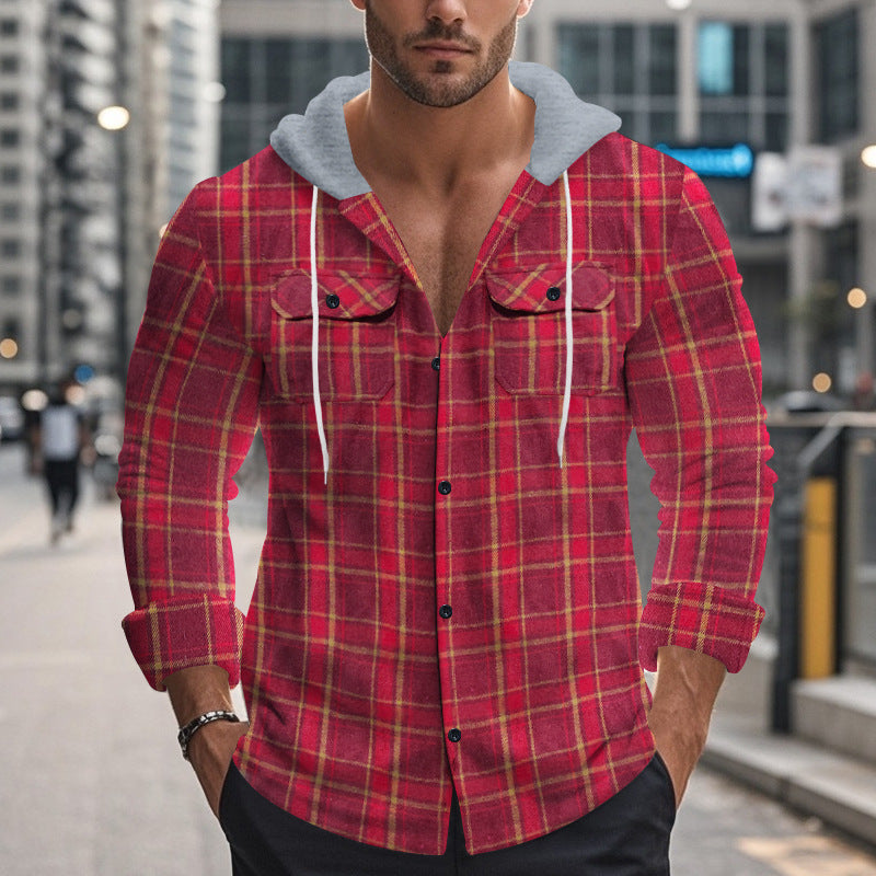 Street-wave Mens Plaid Shirt Jacket With Hood And Practical Pockets For Men Versatile Everyday Wear