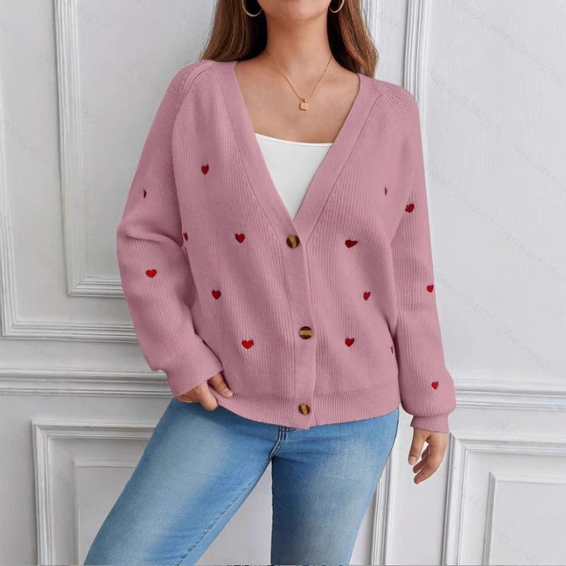 Womens Cardigan Cozy Knit With Heart Motif And Soft Cotton Blend Street Wave Casual Everyday Wear