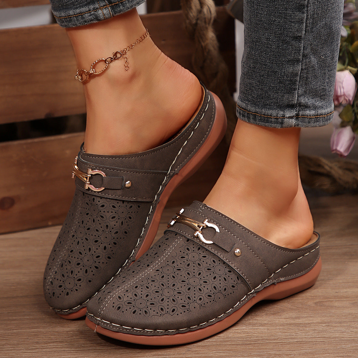 Streetwave Women Slippers Cozy Perforated Floral Pattern Leather Look Mules Indoor Outdoor Comfort